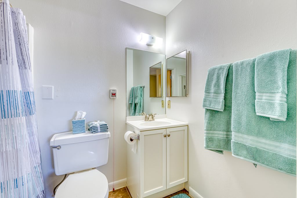 A minimalist bathroom featuring a sink with a mirror, toilet, and teal towels.