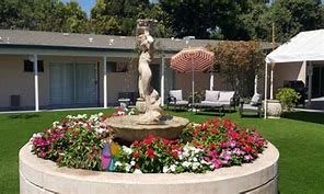 A serene garden with a fountain and vibrant flowers, surrounded by lounge chairs.