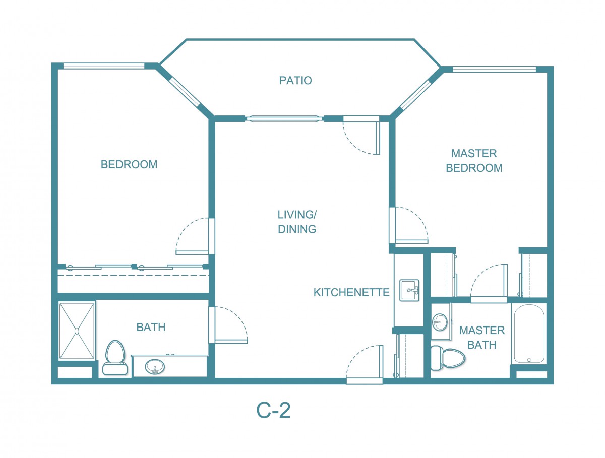 This is a blueprint of a two-bedroom apartment labeled C-2, featuring a patio, living/dining area, kitchen, and two bathrooms.