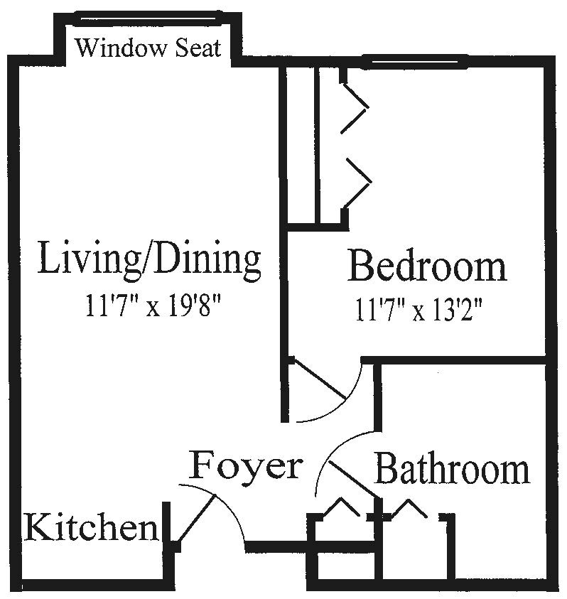 A floor plan of a one-bedroom apartment with designated areas for living/dining, kitchen, bathroom, and foyer.