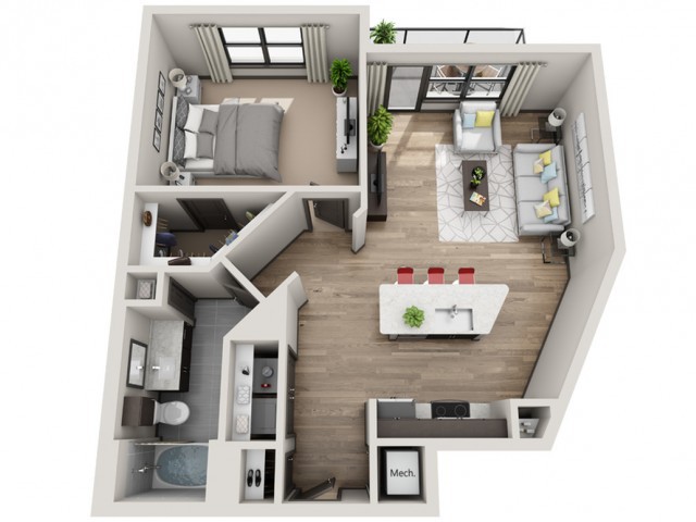 A modern open-concept apartment floor plan with a bedroom, kitchen, and living area.