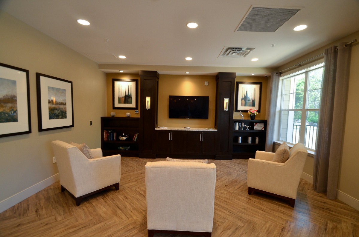 A cozy living room with modern seating and a central entertainment system.