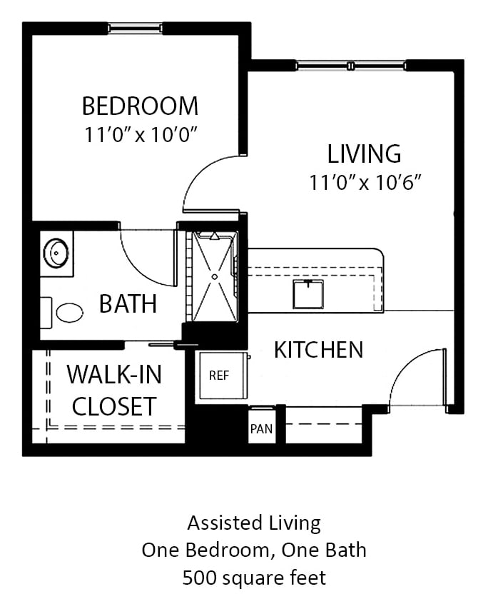 Floor plan of an assisted living one-bedroom apartment featuring a living area, kitchen, bathroom, and walk-in closet.