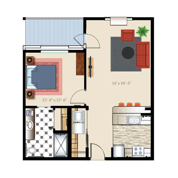 A detailed floor plan of a one-bedroom apartment featuring a living room, kitchen, bathroom, and bedroom.