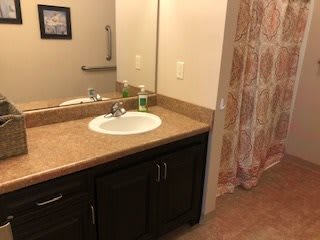 A bathroom with a sink, mirror, and shower curtain.