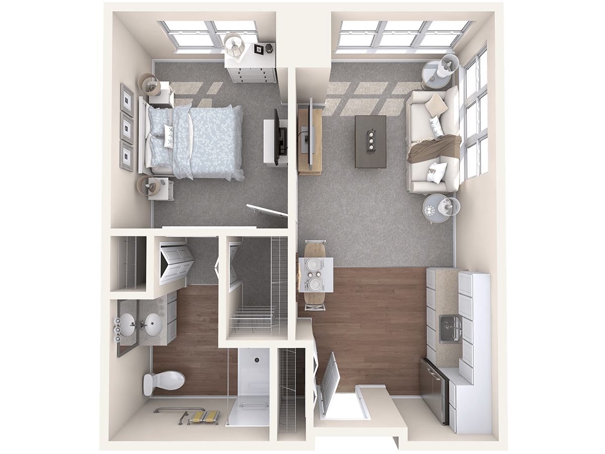 A detailed floor plan of a compact apartment featuring a bedroom, living room, kitchen, and bathroom.