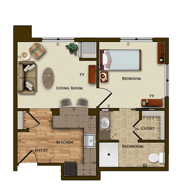 A floor plan of a one-bedroom apartment featuring a living room, kitchen, and bathroom.