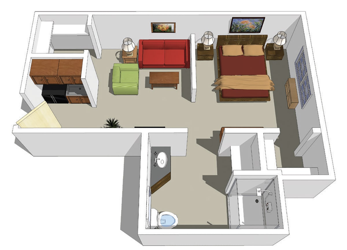 A 3D floor plan of a one-bedroom apartment featuring a living room, kitchen, bedroom, and bathroom.