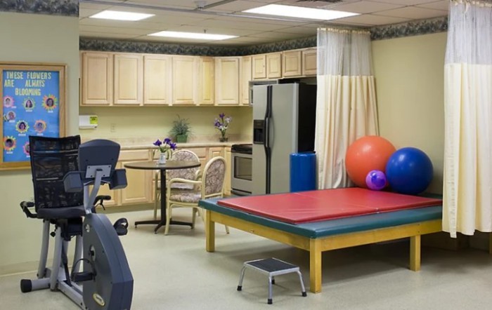 A therapy room equipped with exercise balls, a therapy bed, and fitness equipment.