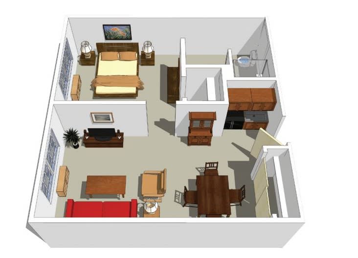 A 3D floor plan of a one-bedroom apartment featuring a combined living and dining area.