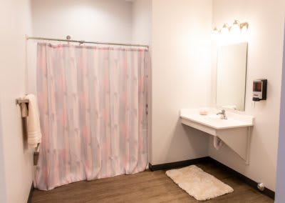 A modern bathroom with a pink shower curtain and a clean vanity area.