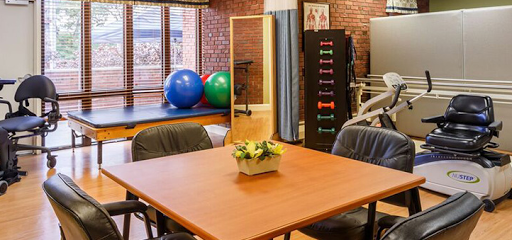 A well-equipped therapy room featuring exercise balls, weights, and a spacious table for rehabilitation activities.
