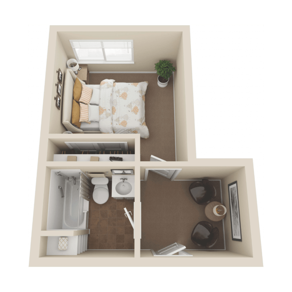 Top view of a small apartment floor plan featuring a bedroom, bathroom, and living area.