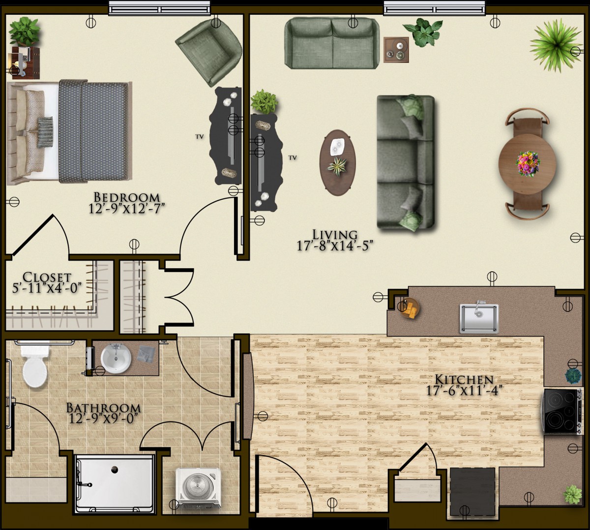 A detailed floor plan of an apartment showcasing the arrangement of rooms and furniture.
