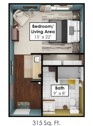 This image shows a studio apartment floor plan with dimensions for the bedroom/living area and bathroom.