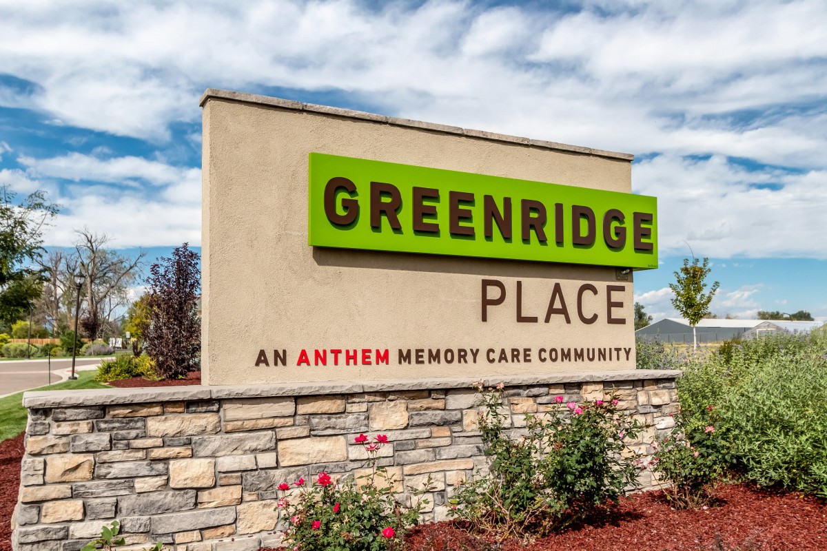 Sign for Greenridge Place, an Anthem Memory Care Community.