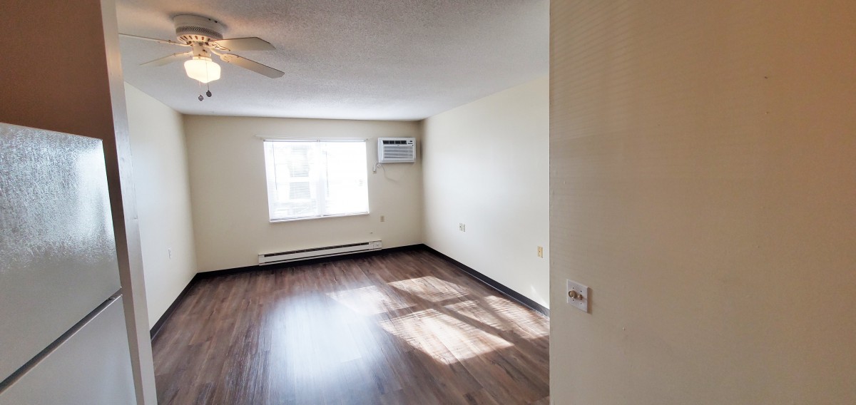 A bright, empty living room with hardwood floors and a window air conditioner.