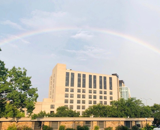 A rainbow arcs over a city building against a clear sky.