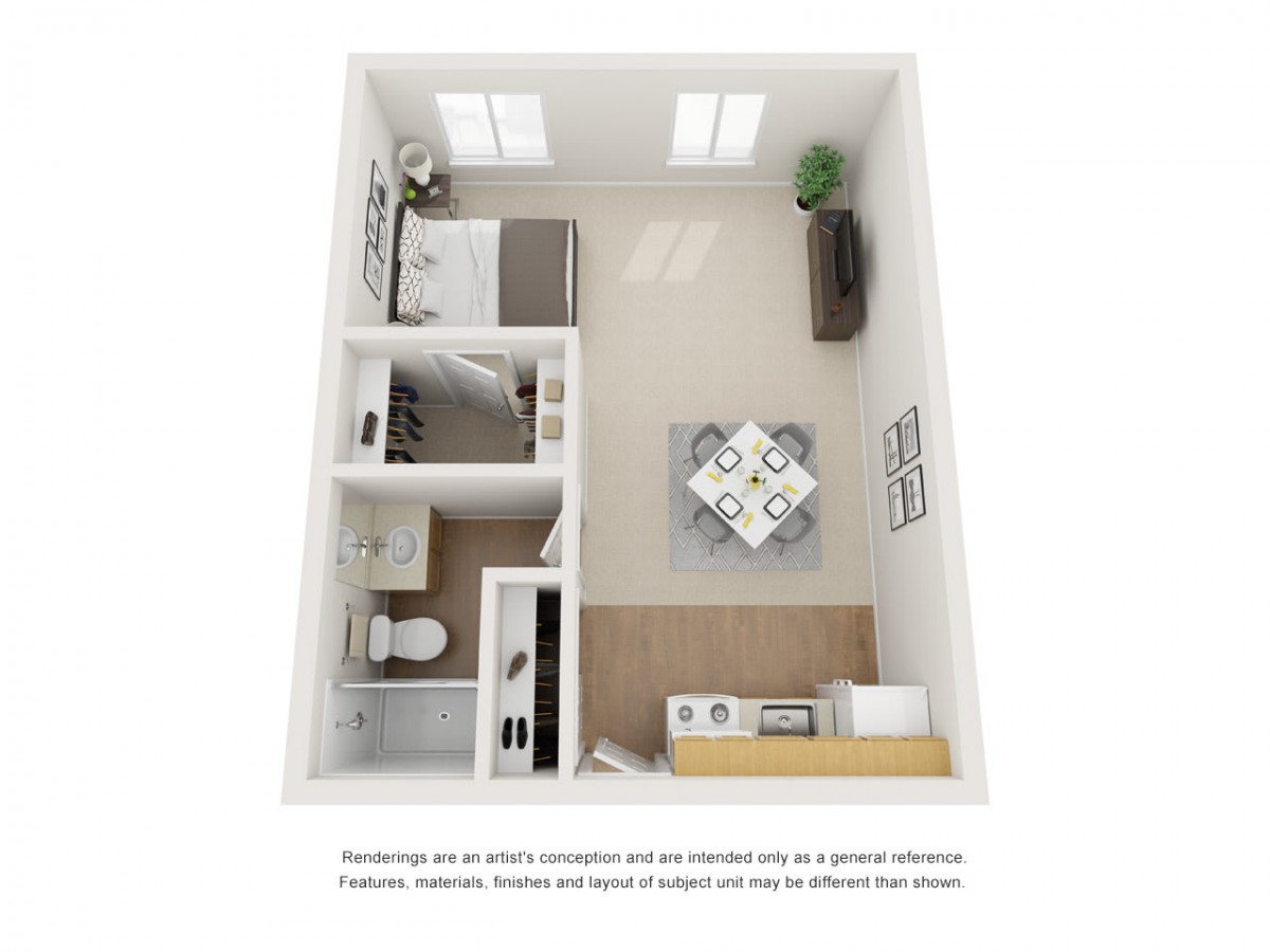 3D floor plan of a compact one-bedroom apartment featuring a kitchen, living area, bathroom, and bedroom.