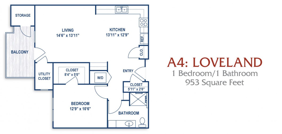 A floor plan labeled 'A4: LOFT' for a 1-bedroom apartment measuring 953 square feet.