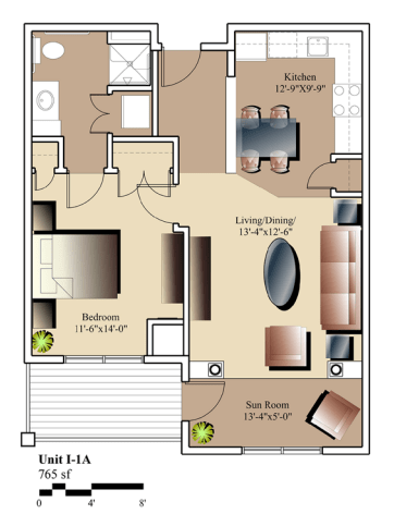 A detailed floor plan of a residential apartment featuring a living/dining area, bedroom, kitchen, and bathroom.