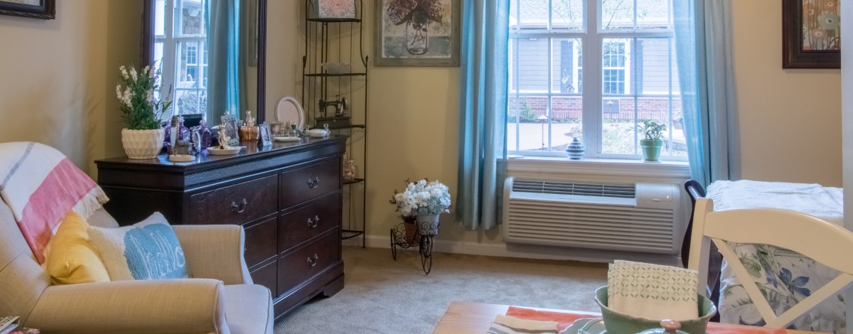 A cozy room with a dresser, flowers, and an air conditioner under the window.