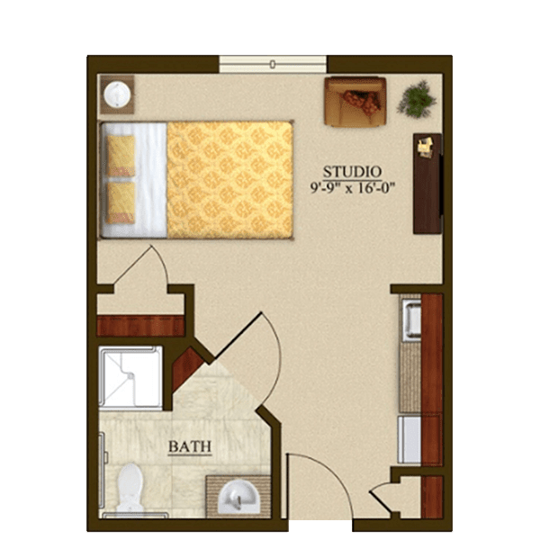Floor plan of a studio apartment featuring a bedroom, bathroom, and furniture layout.