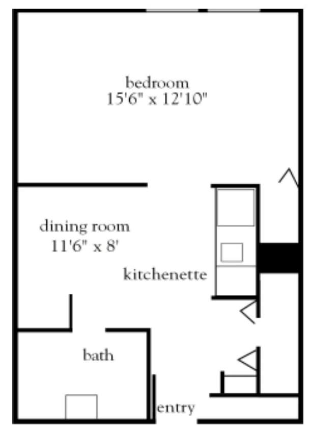A floor plan showing the layout of an apartment, including a bedroom, dining room, kitchenette, and bath.