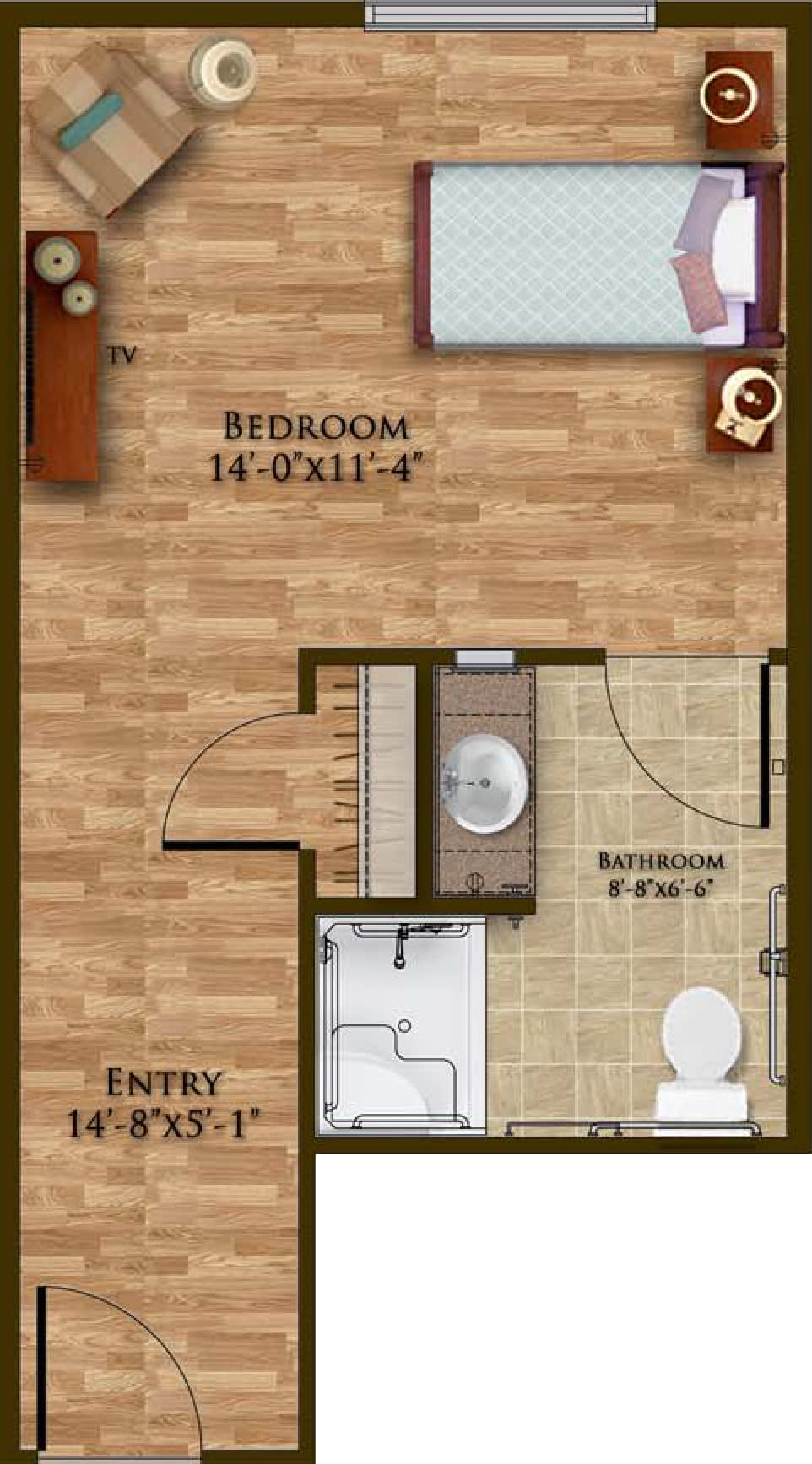 A floor plan featuring a bedroom and a bathroom layout.