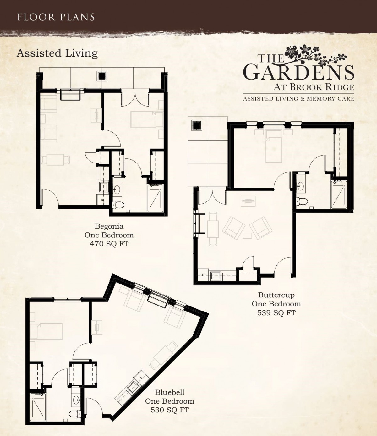 Floor plans for assisted living residences at The Gardens at Brook Ridge.