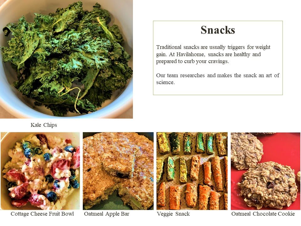 A selection of healthy and colorful snack options, including kale chips, tropical fruit bowl, oatmeal apple pie, veggie snacks, and coconut almond energy bars.
