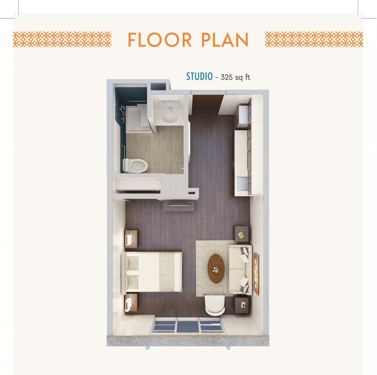 A compact floor plan showcasing a small apartment with a bedroom and living area.