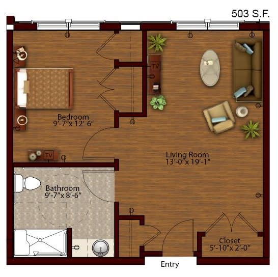 A 503 square feet apartment floor plan featuring a living room, bedroom, and bathroom.