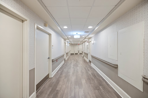 A clean and well-lit hospital hallway, showcasing a modern interior design.
