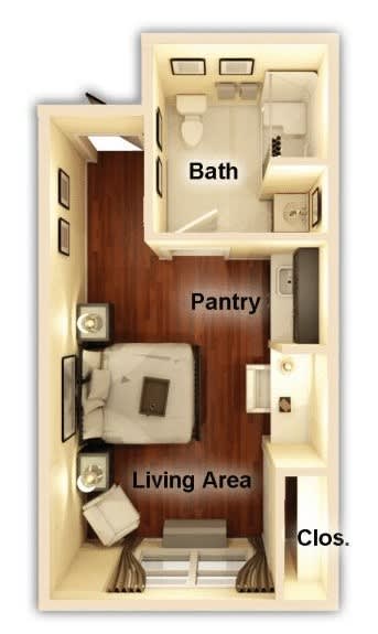 A compact studio apartment floor plan featuring a living area, pantry, and bathroom.