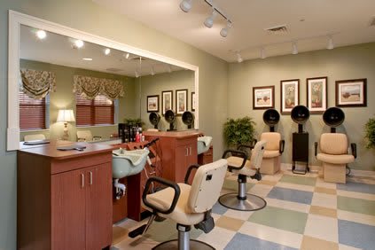 Interior view of a well-organized salon with styling chairs, hairdryers, and mirrors.