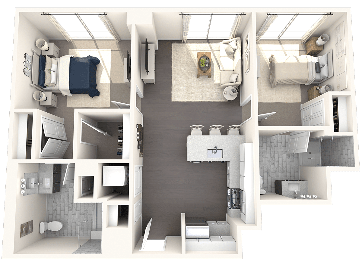 Top-down view of a modern apartment floor plan featuring an open kitchen, living area, bedroom, and bathroom.