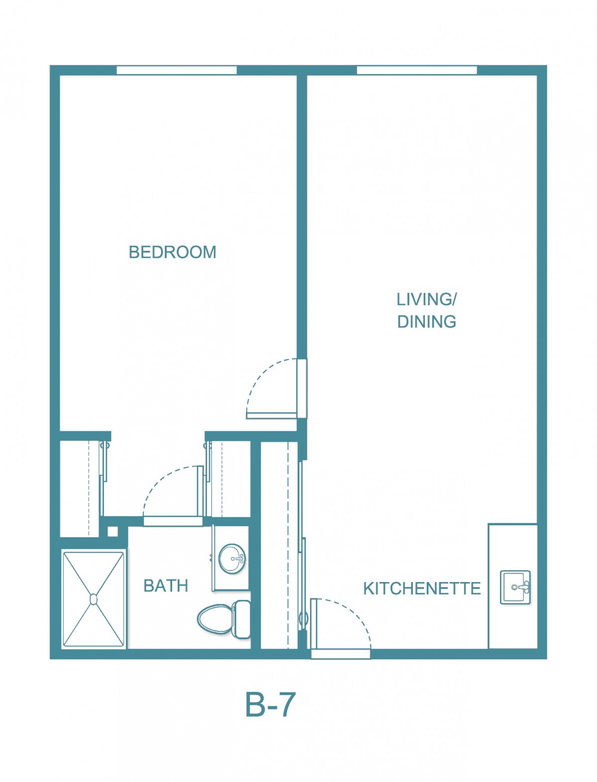 A compact one-bedroom apartment floor plan featuring a living area, kitchenette, and bathroom.