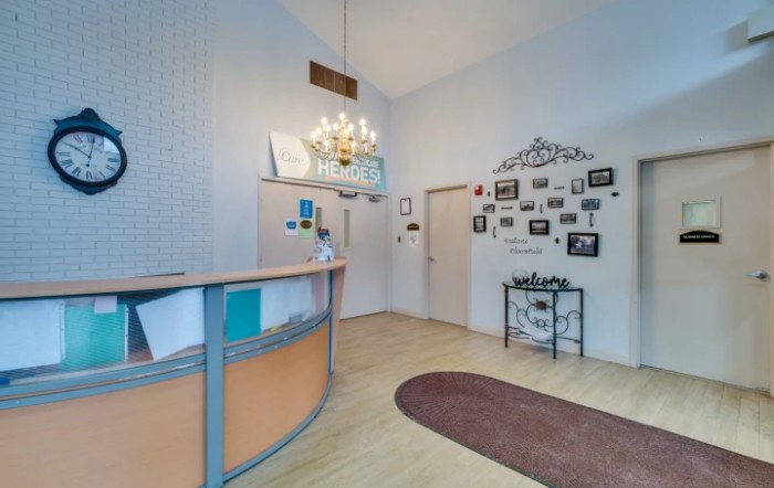 A welcoming office reception area with a desk and decorative wall elements.