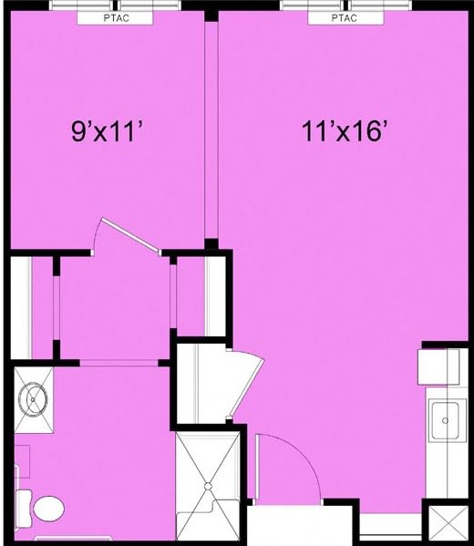 A floor plan showing a layout with room dimensions of 9'x11' and 11'x16'.