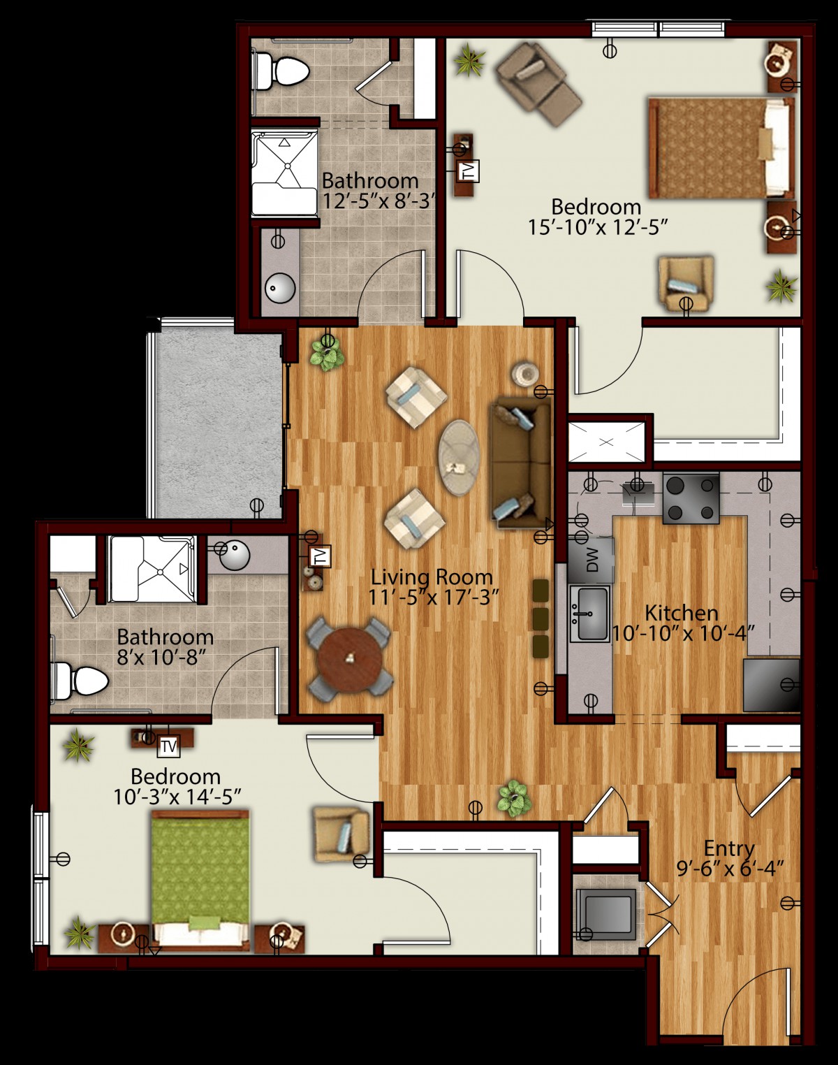 A detailed floor plan of a three-bedroom, two-bathroom apartment layout.
