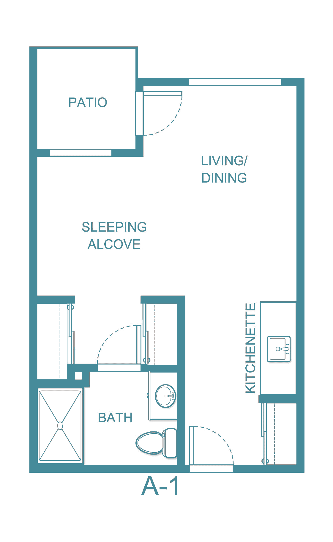 A studio apartment floor plan featuring a living/dining area, sleeping alcove, bath, kitchenette, and patio.