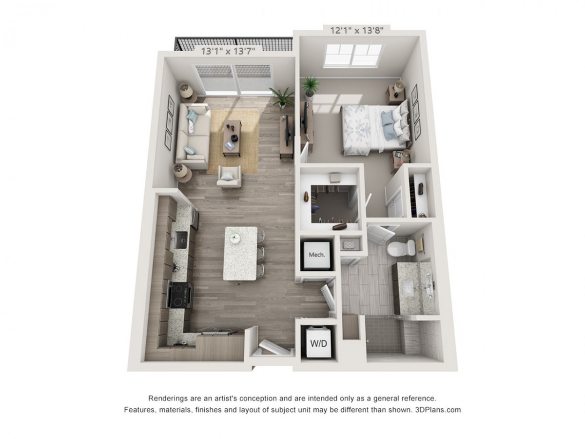 A detailed floor plan of a one-bedroom apartment featuring a living room, kitchen, bedroom, and bathroom.