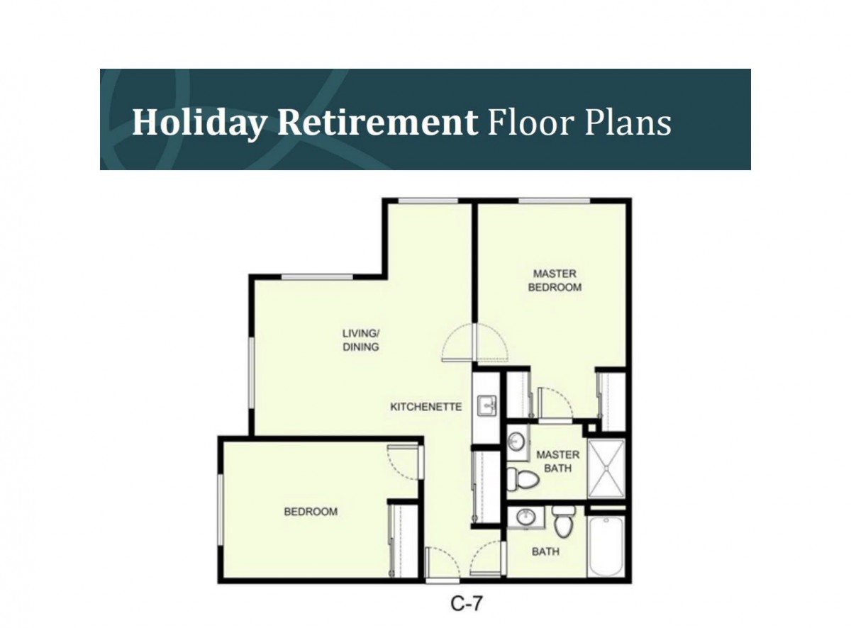 A floor plan for a retirement apartment unit, featuring a master bedroom, living/dining area, kitchen, bathroom, and closet spaces.