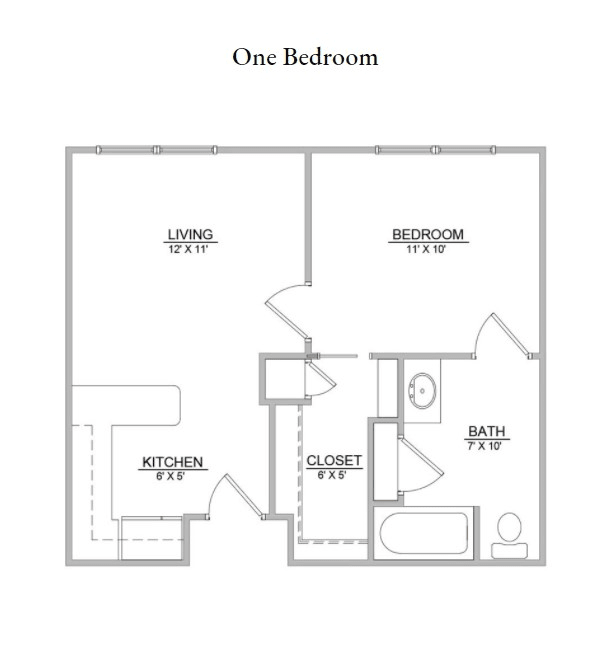 A floor plan of a one-bedroom apartment featuring a living area, kitchen, bedroom, bathroom, and closet.