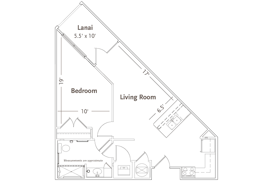 A floor plan showing the layout of an apartment with a bedroom, living room, kitchen, and lanai.