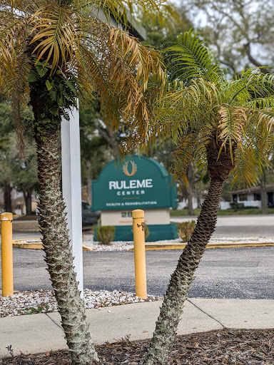 A view of a green sign partially obscured by palm trees in an outdoor setting.
