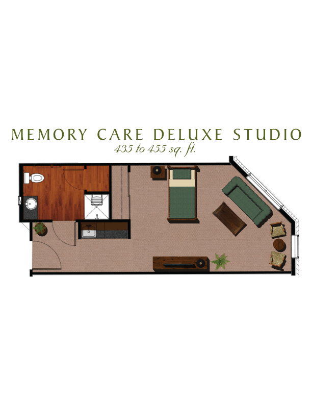 Floor plan of a Memory Care Deluxe Studio, featuring living and sleeping areas.