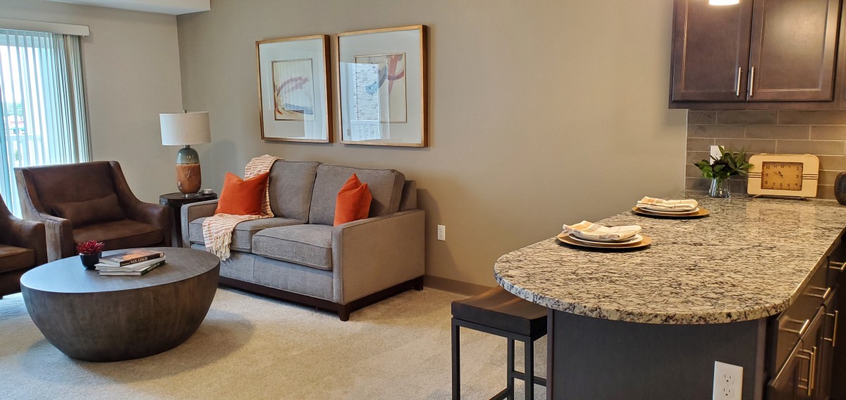 A cozy living room featuring a gray sofa with orange cushions, complemented by abstract artwork on the wall.