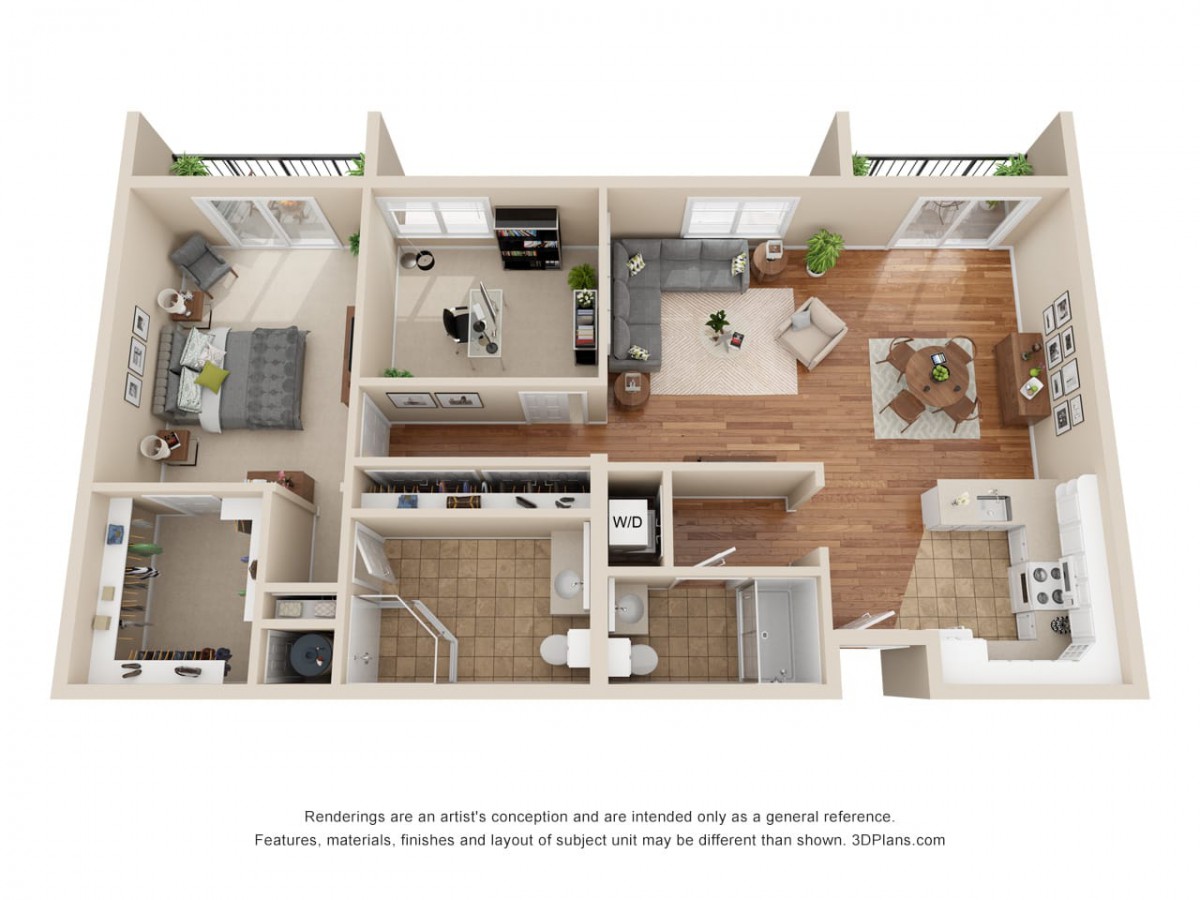 A 3D floor plan of an apartment featuring a living room, kitchen, and bathroom.